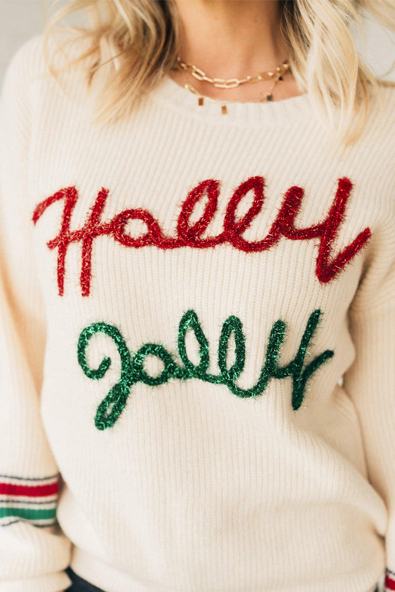 Beige Tinsel Holly Jolly Graphic Round Neck Sweater