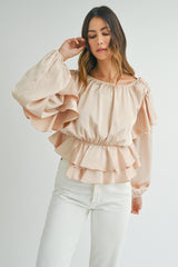 Oatmeal Elegant Satin Ruffle Peplum Blouse