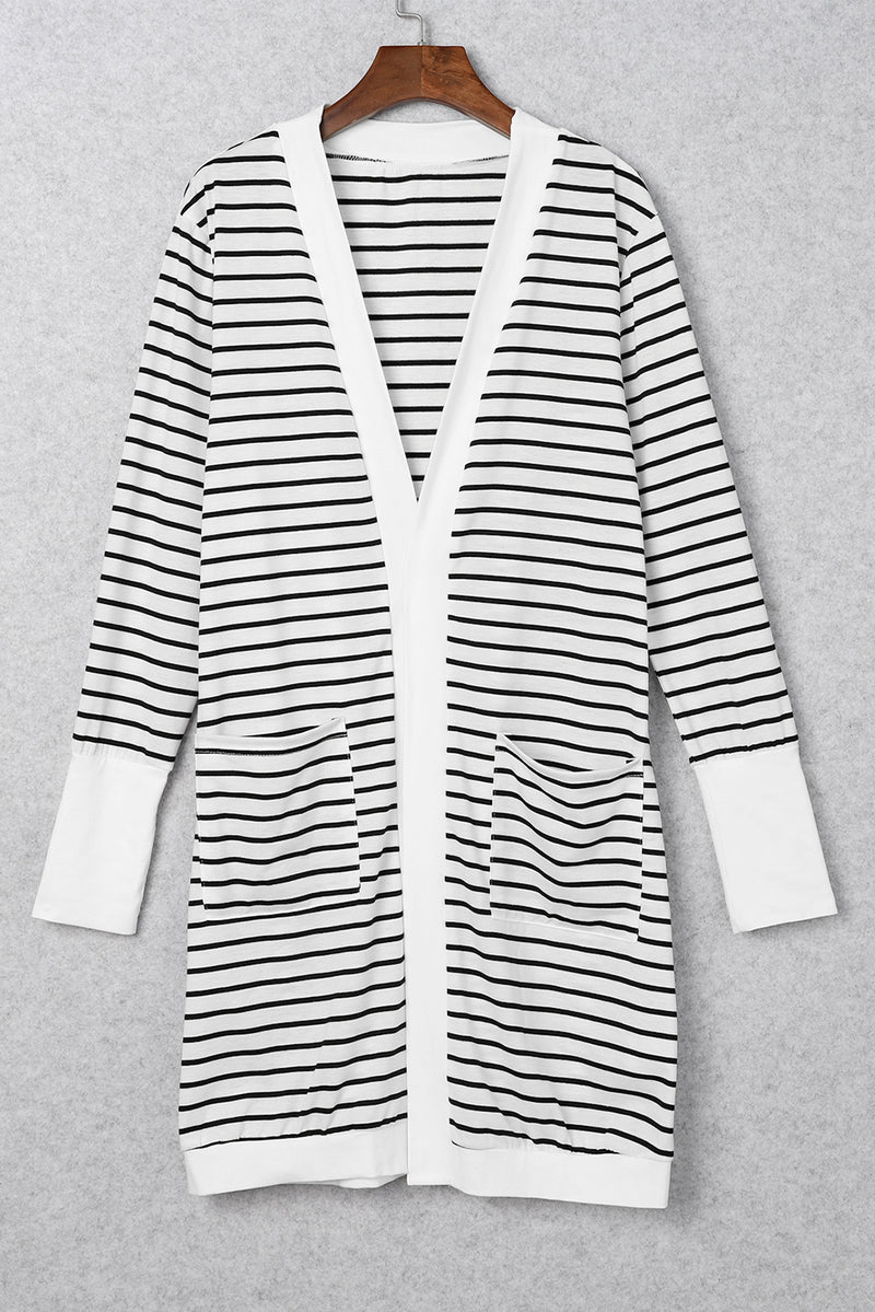 White Striped Side Pockets Open Front Long Cardigan