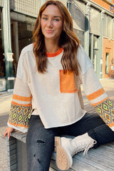 Apricot Geometric Patchwork Sleeve Loose Fit Top