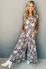 Sky Blue Floral Sleeveless Pocketed Wide Leg Jumpsuit