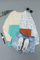 Rosy Leopard Patchwork Color Block Ribbed Long Sleeve Top