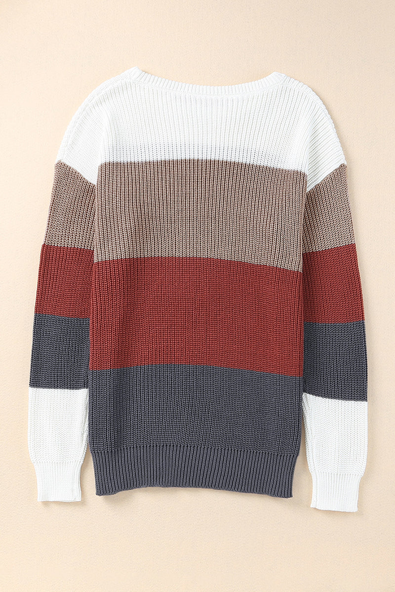 Red Color Block Casual Knit Pullover Sweater