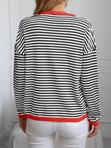 Contrast Trim Striped V-Neck Long Sleeve Knit Top