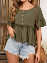 Frill Decorative Button Round Neck Half Sleeve Blouse