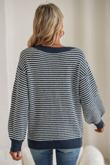 Sail Blue Striped Drop Shoulder Lantern Sleeve Sweater