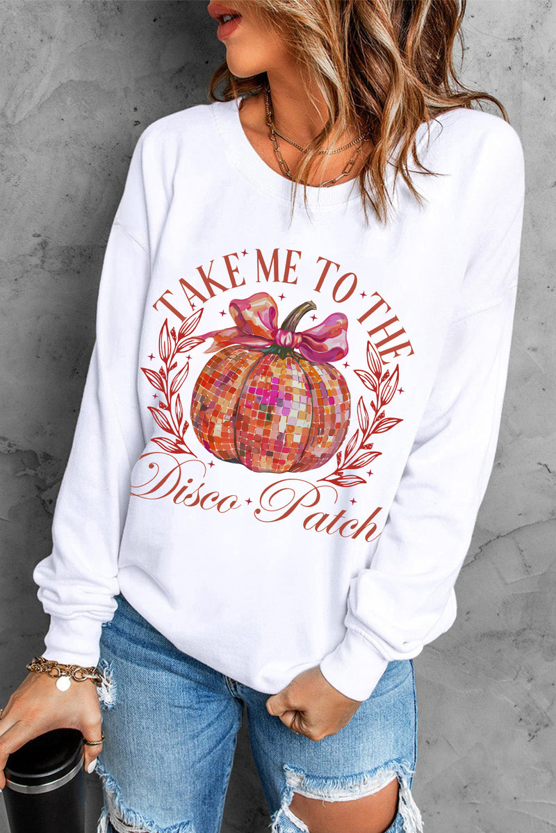 Beige Halloween Disco Ball Pumpkin Graphic Pullover Sweatshirt