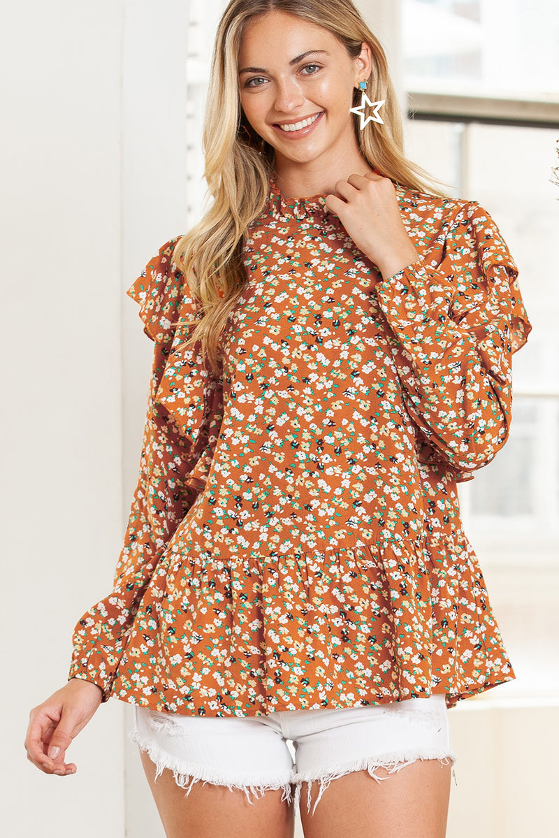 Orange Ditsy Floral Boho Ruffle Long Sleeve Blouse