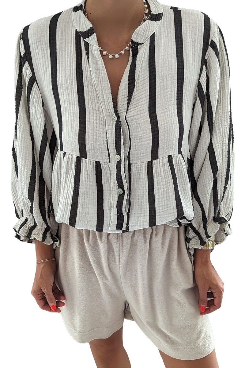 Black Stripe Crinkle Ruffle Sleeve Button Loose Top