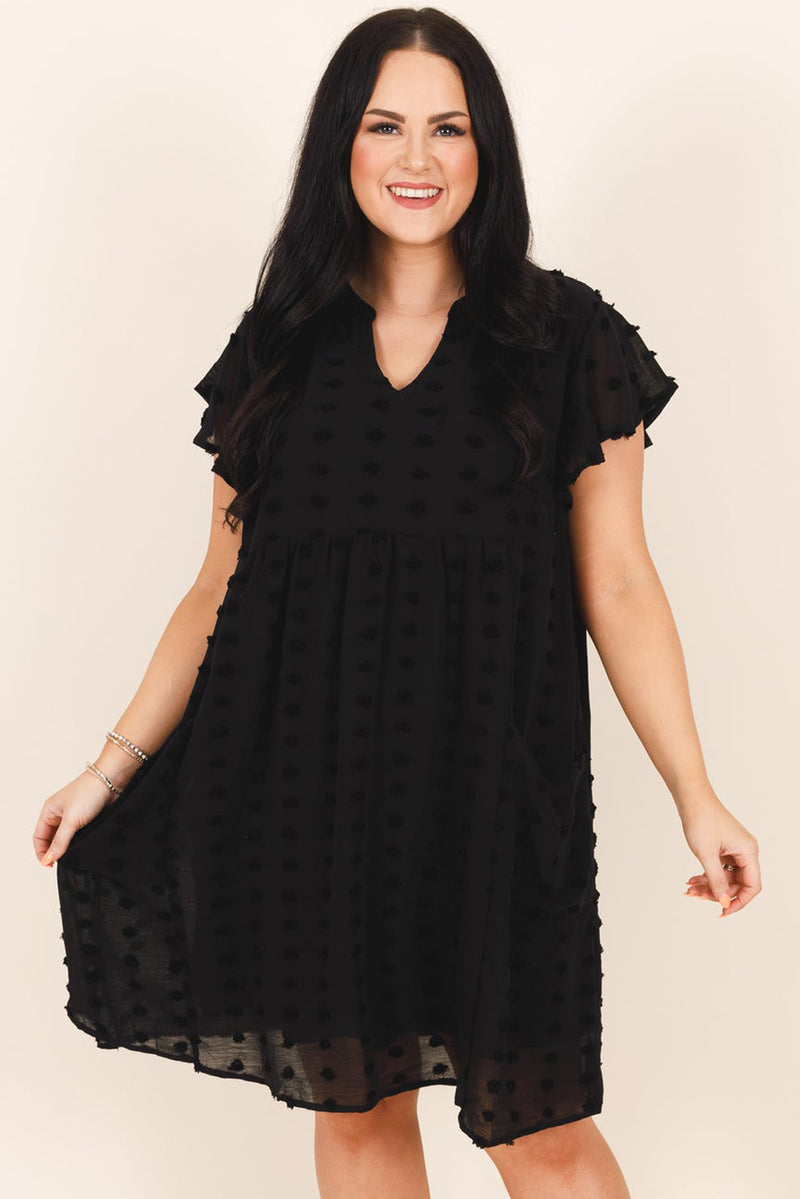 Black Dotty Textured Notched Neck Ruffle Plus Size Dress