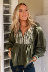 Green Embroidered Split Neck Pleated Loose Blouse