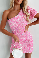 Pink Sequin One Shoulder Puff Sleeve Bodycon Mini Dress