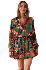 Abstract Print Waist Belted Flounce Hem Split V Neck Long Sleeve Dress