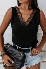 Black V Neck Lace Splicing Casual Open Back Sleeveless Shirt