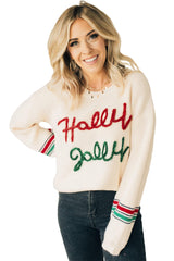 Beige Tinsel Holly Jolly Graphic Round Neck Sweater