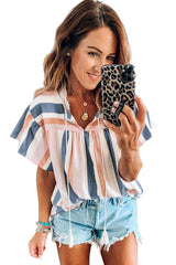 Pink and Blue Stripes Shirt Flutter Sleeve V Neck Blouse for Women