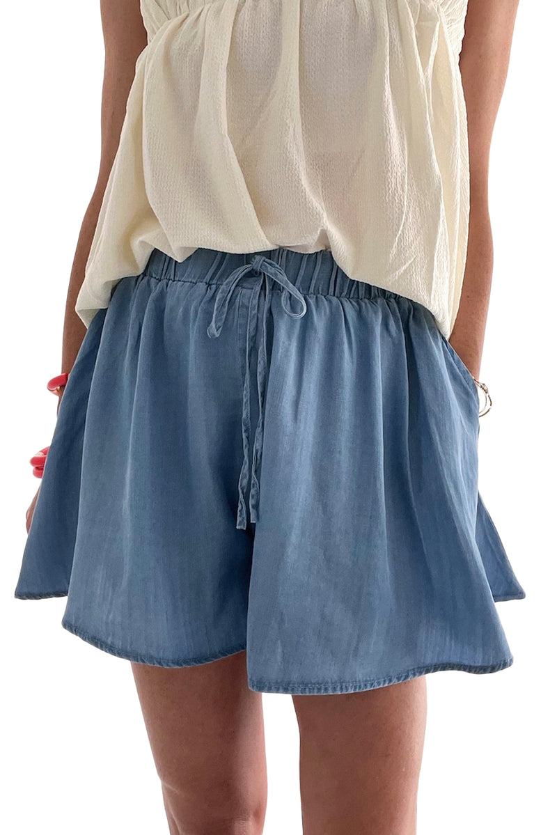 Dusk Blue Drawstring Elastic Waist Wide Leg Denim Shorts