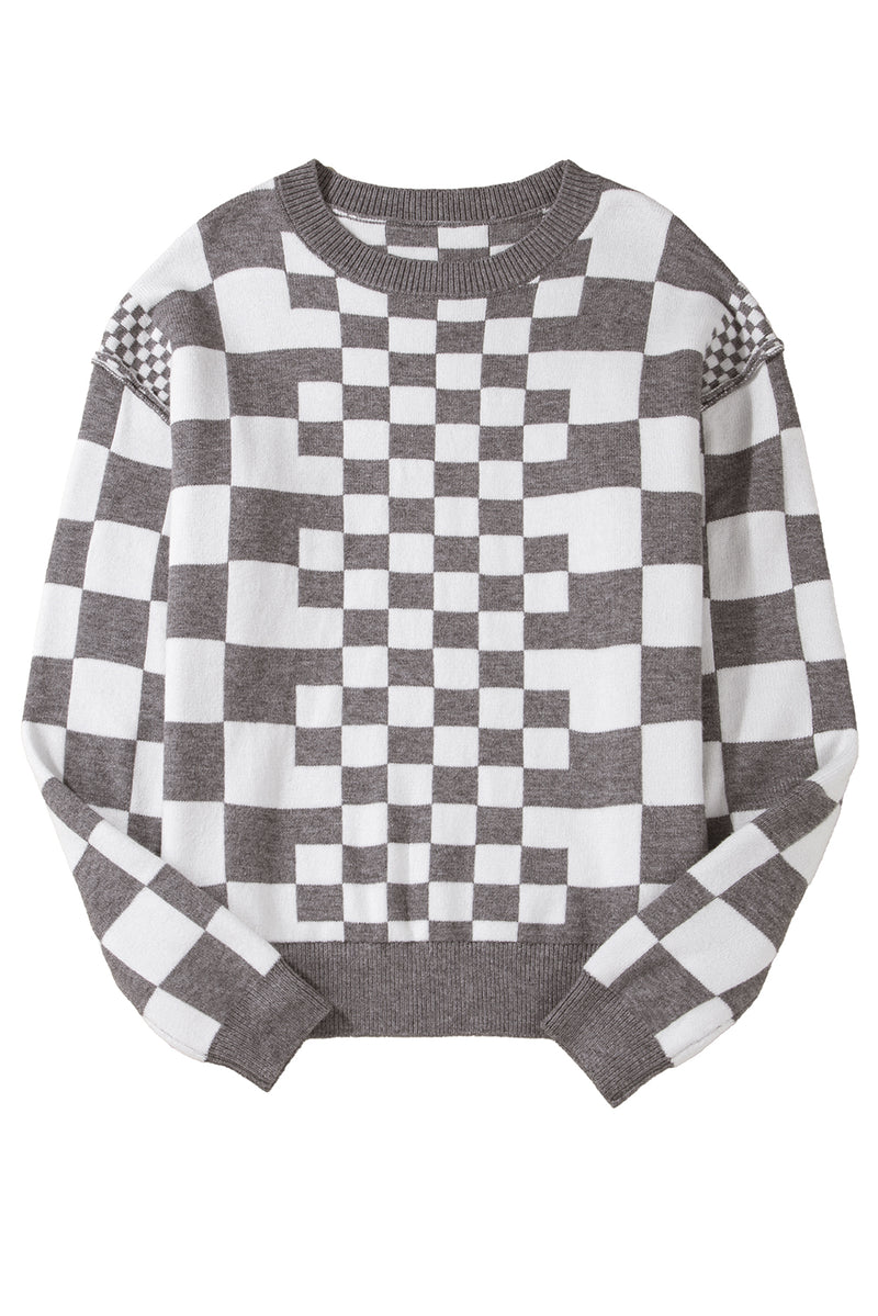 Carrot Checkered Drop Shoulder Round Neck Sweater