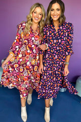 Purple Floral Print Collared Tiered Flowy Long Dress