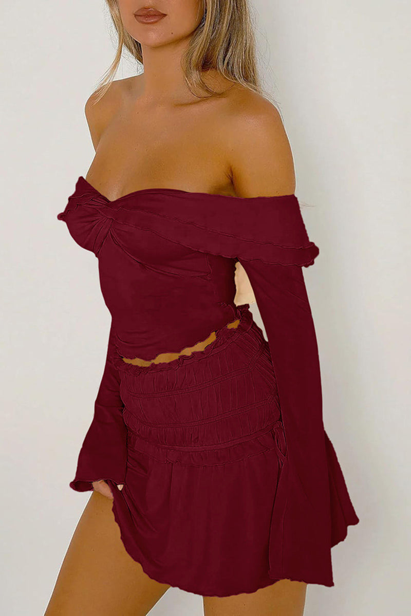 Burgundy Ruffle Off Shoulder Plain Twist Front Blouse