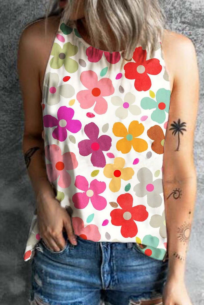 White Vibrant Floral Print Summer Tank Top