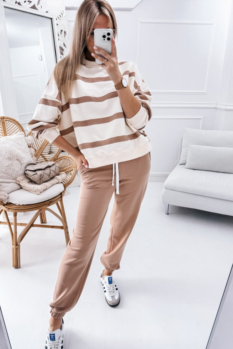 Light French Beige Striped Drop Shoulder Pullover and Jogger Pants Set