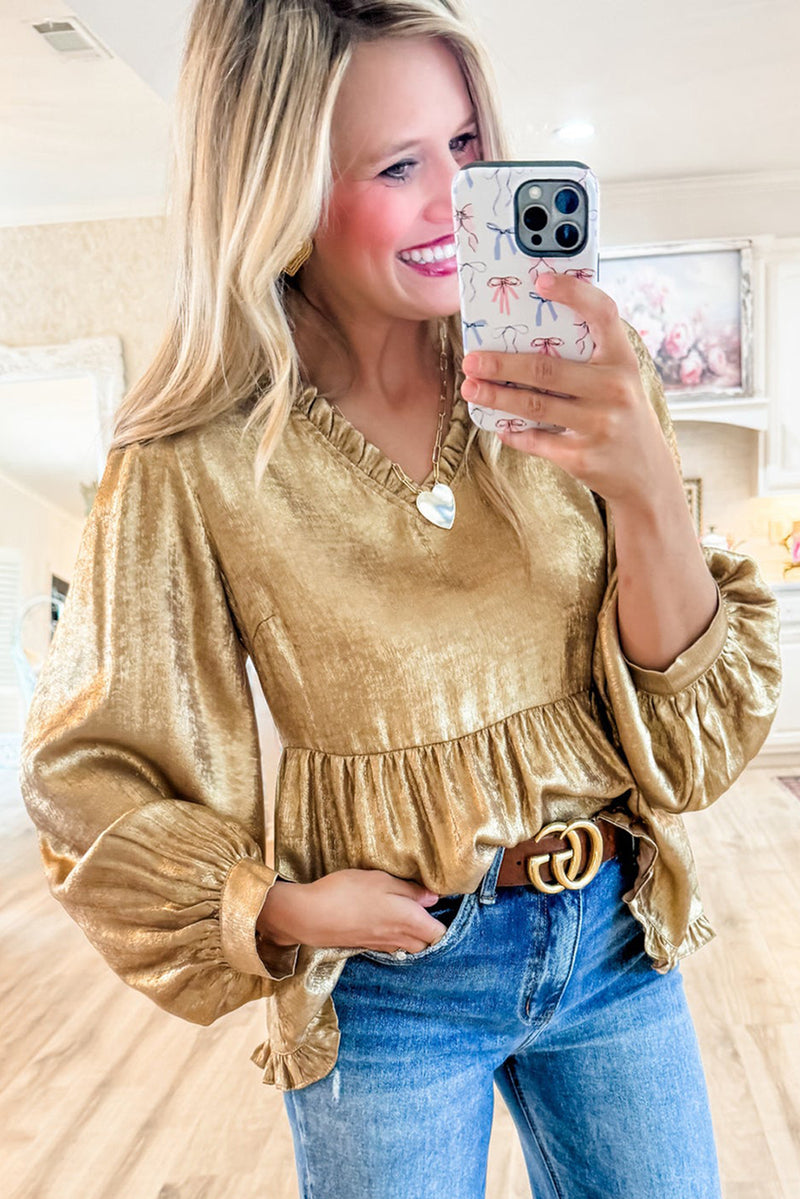 Gold Metallic Frill V Neck Puff Sleeve Babydoll Blouse