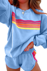 Beau Blue Colorful Striped Long Sleeve Pullover and Shorts Set