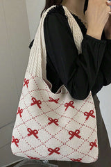 Fiery Red Bow Argyle Pattern Cable Knit Handle Tote Bag