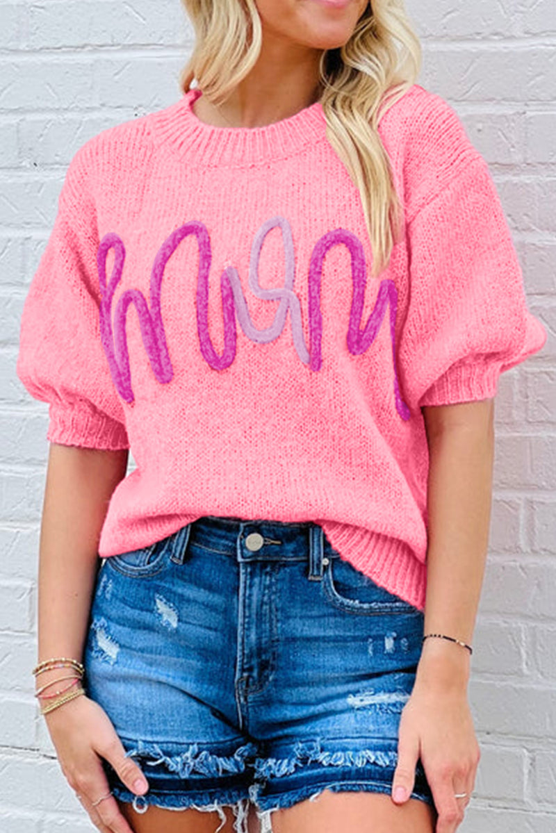 Pink Mom Letter Pattern Short Puff Sleeve Sweater