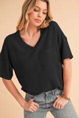 Black Ribbed V Neck Pocket Drop Sleeve T-Shirt