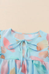 Light Blue Abstract Print Ruffle Sleeveless Blouse