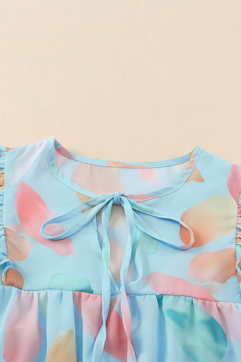 Light Blue Abstract Print Ruffle Sleeveless Blouse