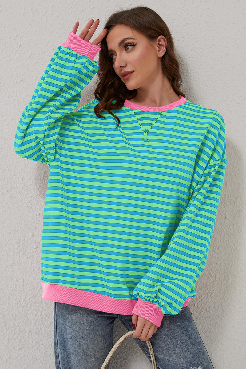 Sky Blue Stripe Contrast Edge Oversized Pullover