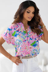 Rose Abstract Floral Print Split V Neck Short Sleeve Blouse