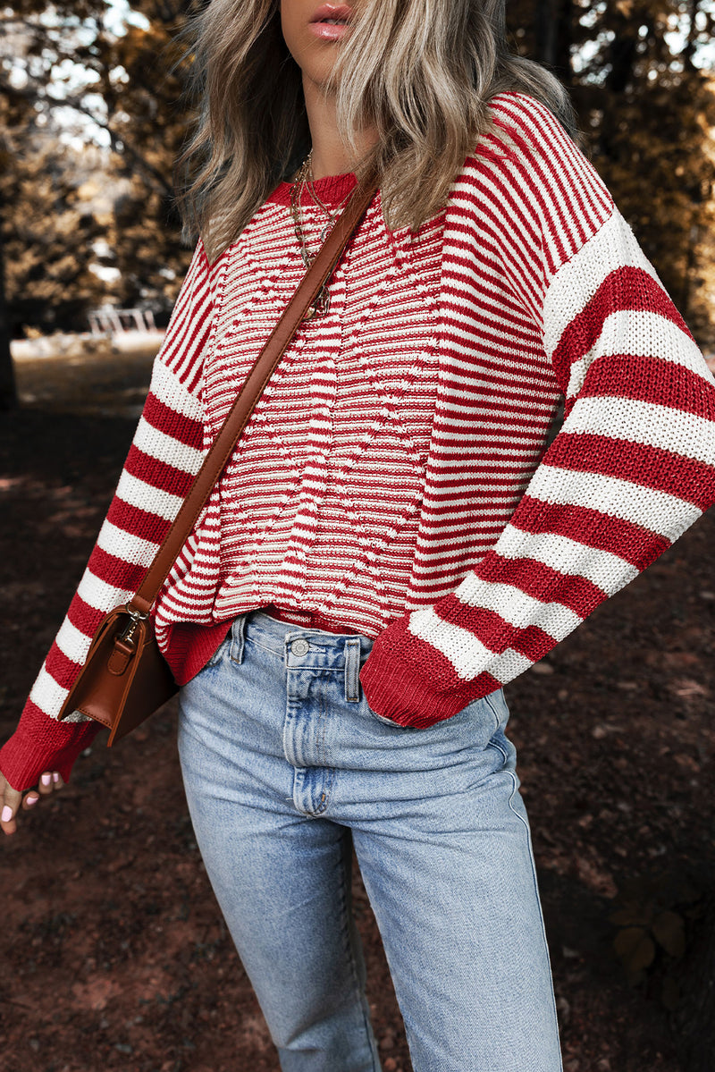 Brown Stripe Twisted Knitted Drop Shoulder Sweater