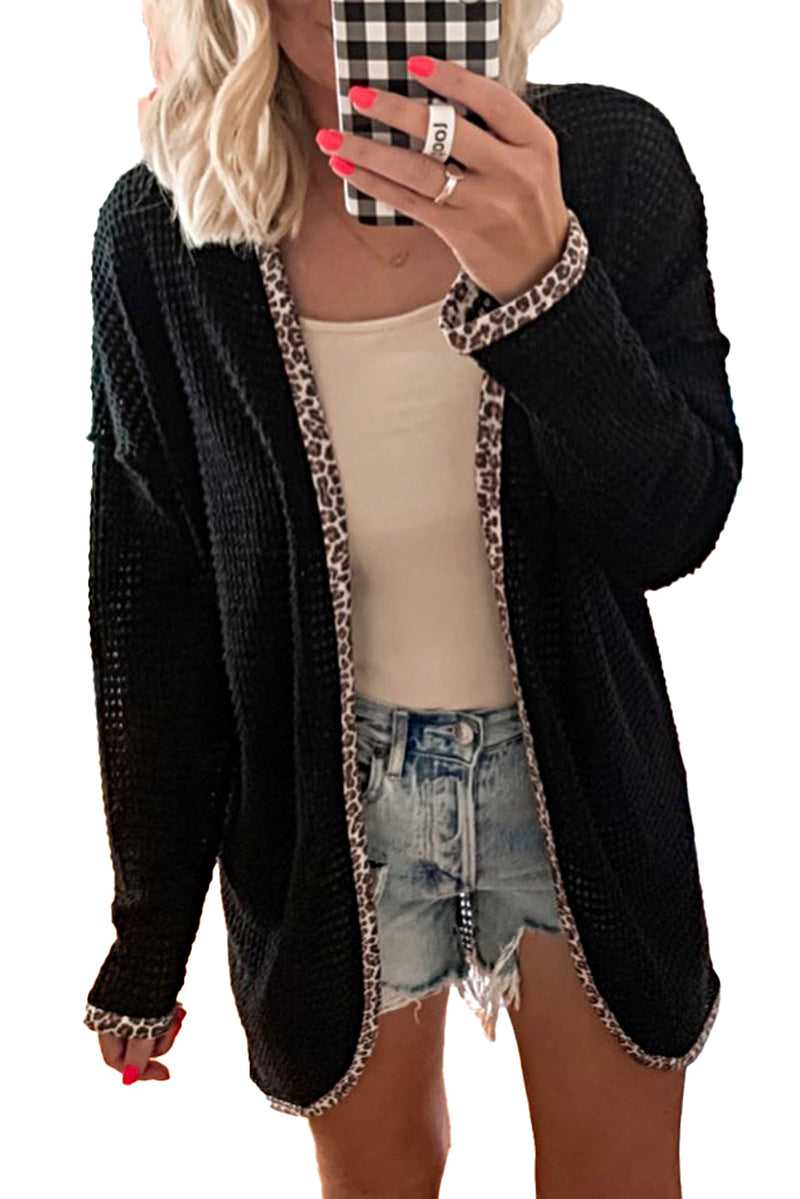 Black Waffle Knit Leopard Contrast Open Front Cardigan