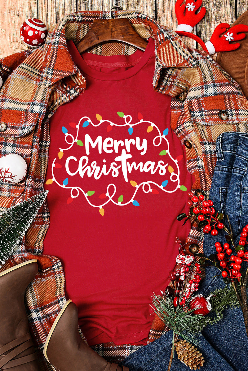 Red Merry Christmas Lights Print Crew Neck T Shirt