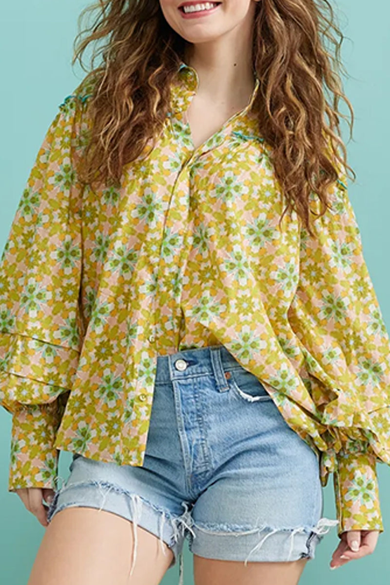 Green Boho Floral Frill Detail Long Sleeve Shirt