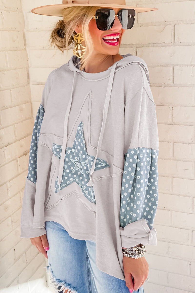 Beau Blue Floral Patchwork Star Pattern Drawstring Hoodie