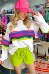 White Colorful Striped Round Neck Long Sleeve Top