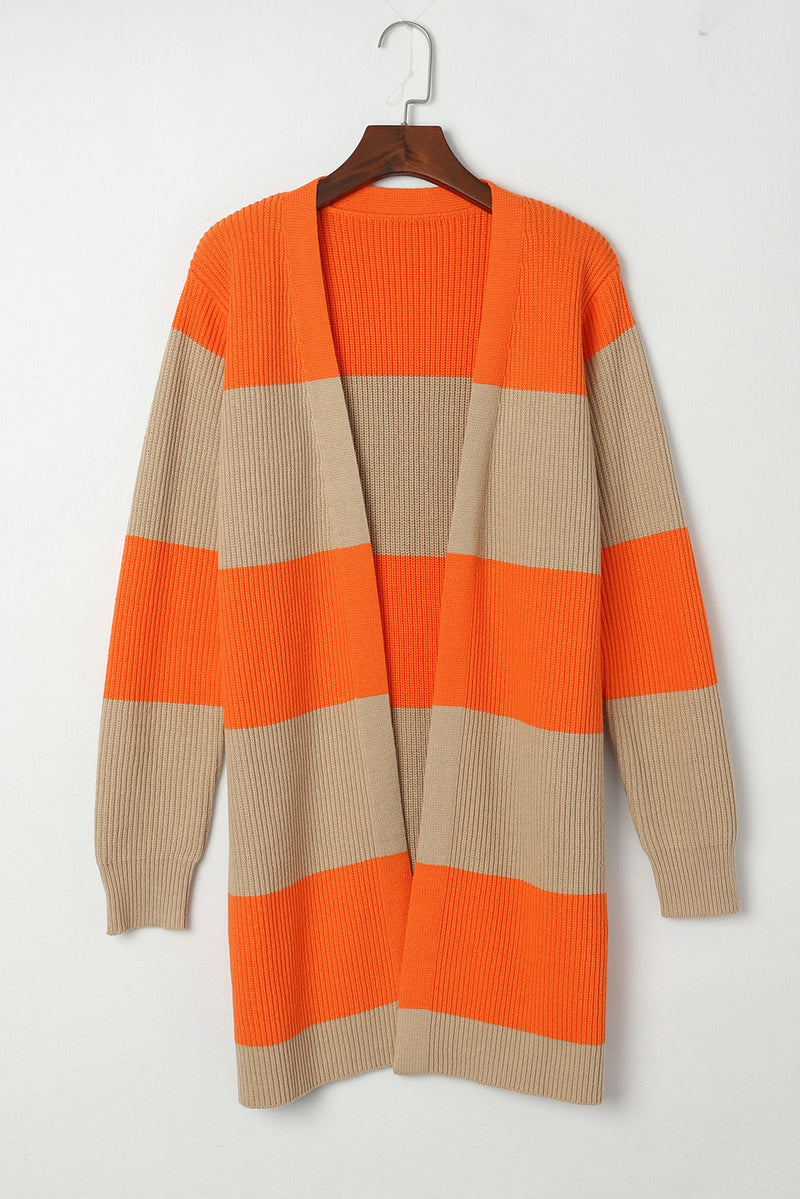 Orange Colorblock Ribbed Knit Open Front Cardigan