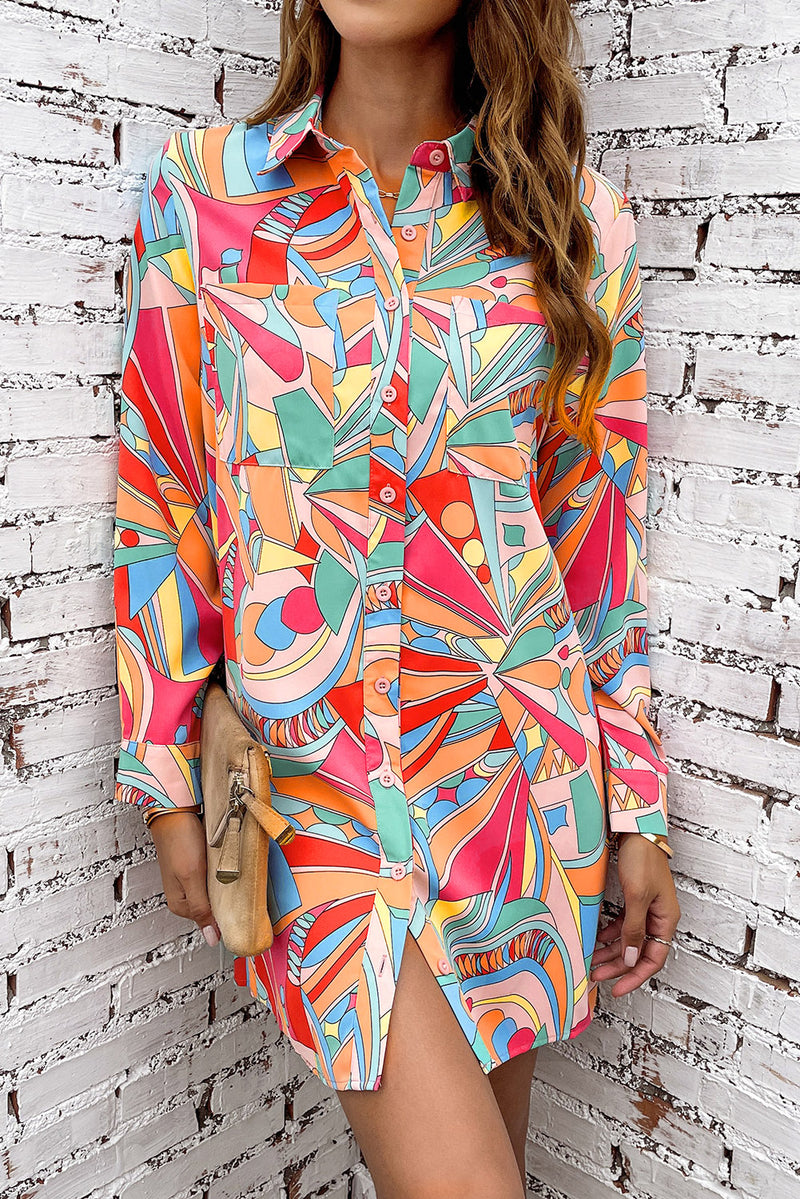 Multicolor Abstract Print Long Sleeve Shirt Dress