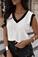 White Contrast Trim Eyelet Knit V Neck Vest