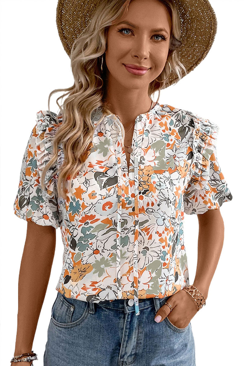 Multicolor Split V Neck Puff Sleeve Floral Print Blouse