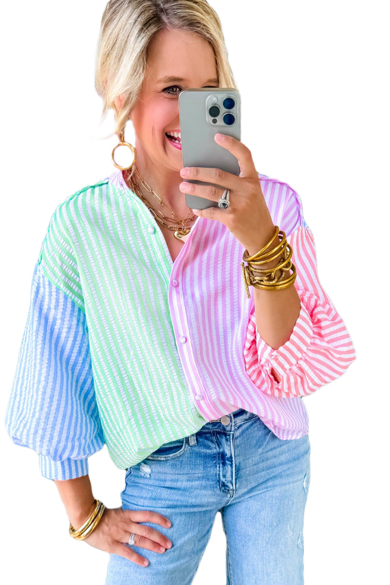 Pink Stripe Color Block Balloon Sleeve Button Loose Fit Shirt