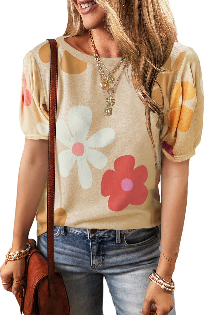 Sky Blue Colorful Flower Print Bubble Sleeve Tee