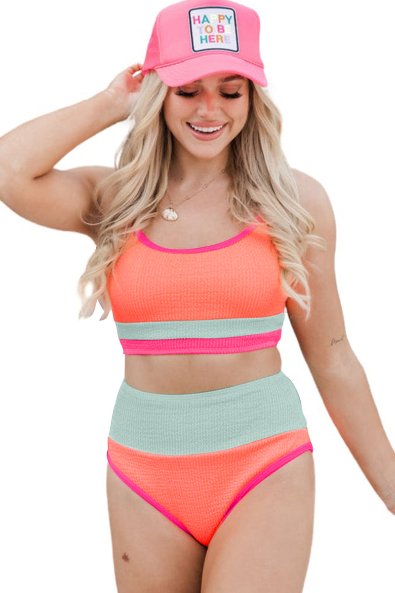 Bonbon Color Block Textured High Waist Sexy Bikini Set