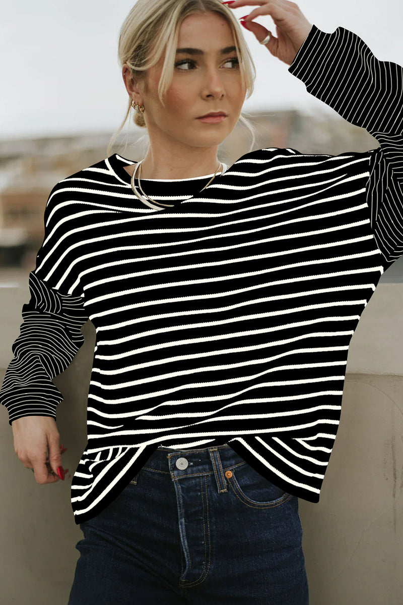 Black Stripe Patchwork Loose Long Sleeve Tee