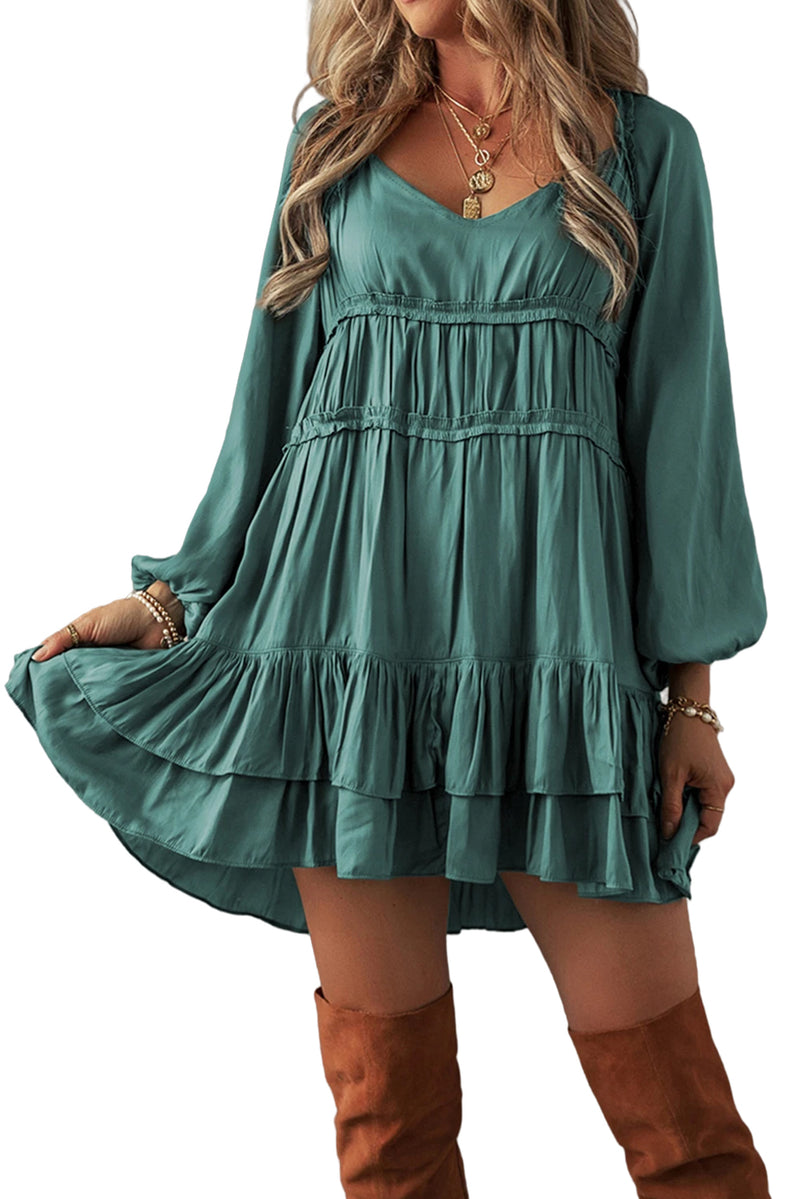 Mist Green Puff Sleeve Loose Fit Tiered Ruffle Mini Dress